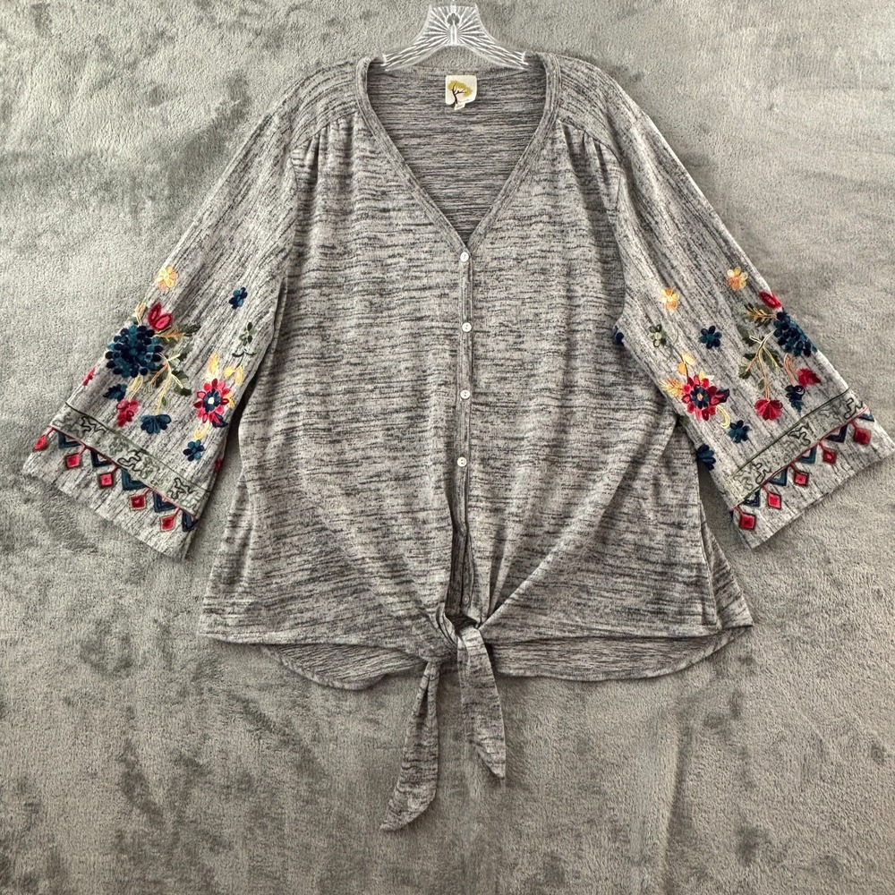 Anthropologie Fig‎ and Flower Embroidered Tie Front Cardigan Womens 3X Gray Boho